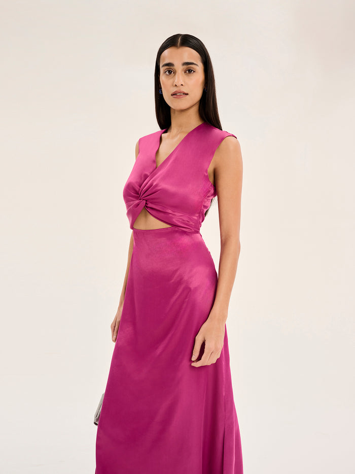 pink satin midi dress with v neck and cutout in middle with knot detail