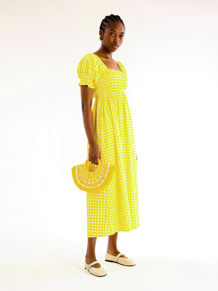 Megan Gingham Print Shirred Midi Dress in Yellow