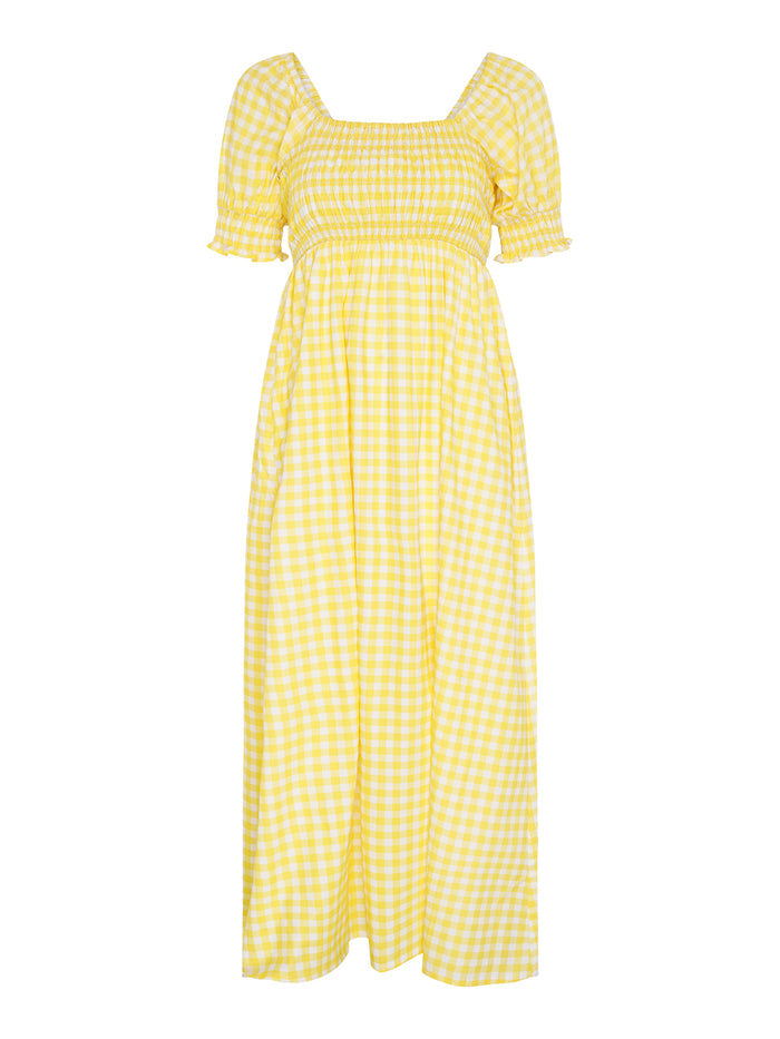 Megan Gingham Print Shirred Midi Dress in Yellow
