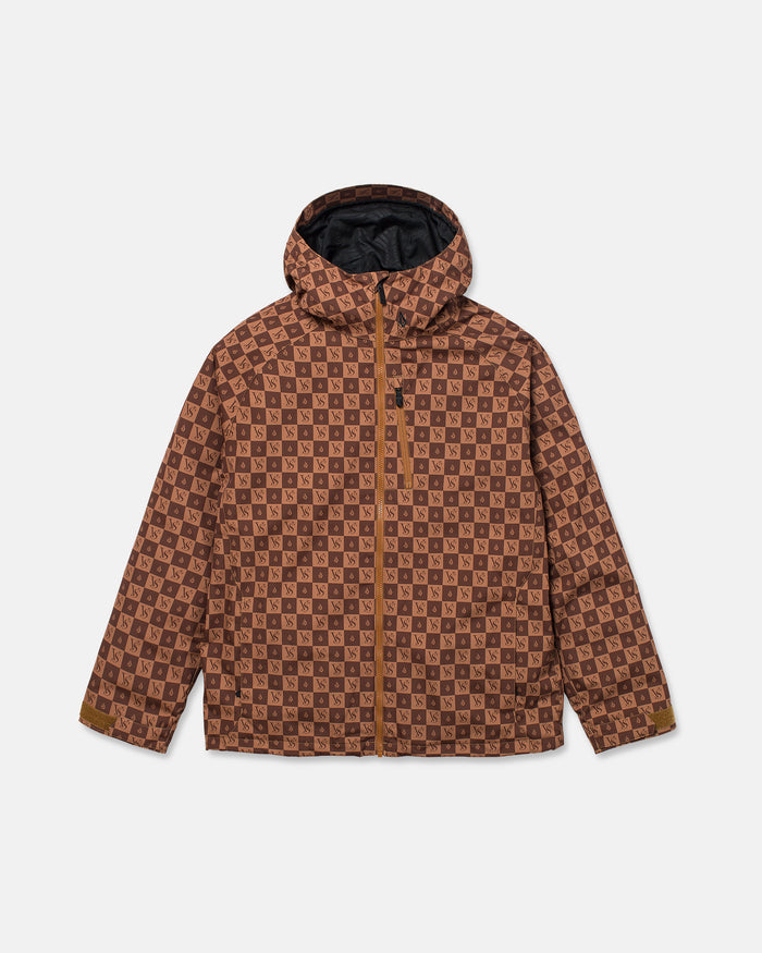 The Volcom Men’s 2836 Insulated Jacket is a brown hooded jacket featuring an all-over repeating geometric square pattern, with each square showcasing a small logo. Designed for men, this insulated jacket includes a front zipper and side pockets, and is made from durable V-Science 2-Layer material. The product is displayed against a plain white background.