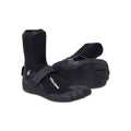 The Volcom Men's 3MM Split Toe Booties are black neoprene surf booties with Velcro straps and the Volcom logo, designed for water sports, shown against a white background.