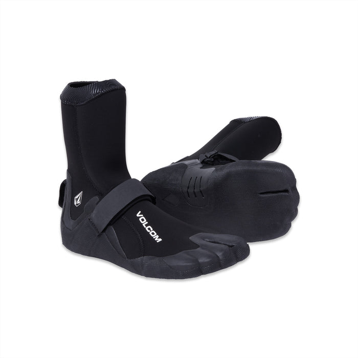 The Volcom Men's 3MM Split Toe Booties are black neoprene surf booties with Velcro straps and the Volcom logo, designed for water sports, shown against a white background.