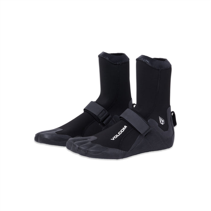 The Volcom Men's 3MM Split Toe Booties feature black neoprene, textured soles, ankle-high cuffs, instep Velcro straps, and the Volcom logo on the side.