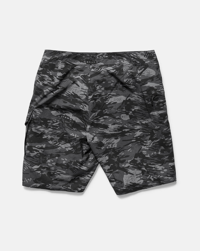 The Volcom Men's 4th Of July Preemo Mod boardshorts in black and gray camo, featuring Cinch Fly Technology and side pockets, are laid flat on a white background.