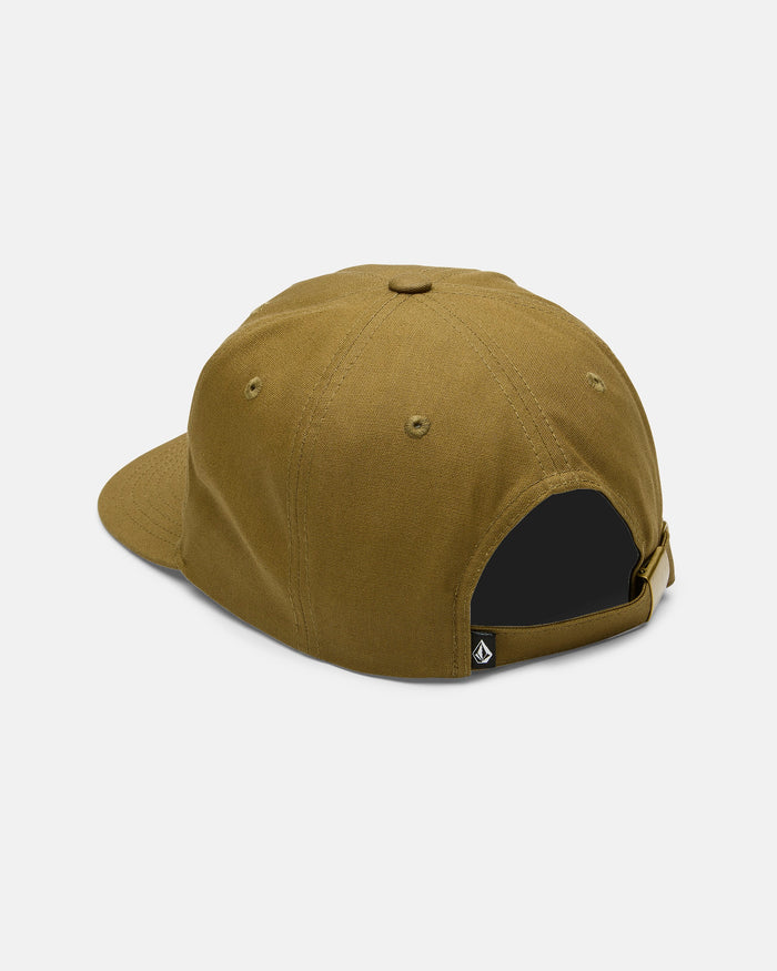 A brown Men's Alive We Ride Adjustable Hat by Volcom is shown from the back, featuring an adjustable strap and a small tag near the opening. Crafted from durable cotton canvas, this cap is plain with visible stitching and metal eyelets.