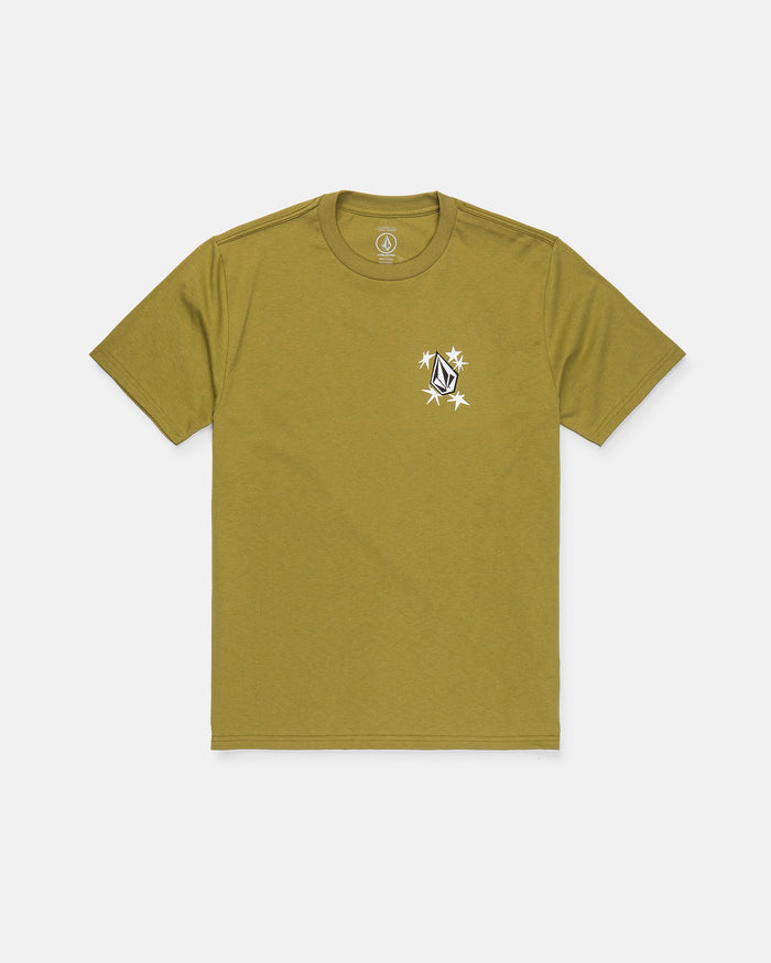 The Volcom Men's Alive We Ride Short Sleeve Tee in olive green is crafted from heavyweight premium cotton and features a small white and black graphic logo with a soft-hand screen print on the left chest. This classic men’s t-shirt is shown laid flat on a white background.