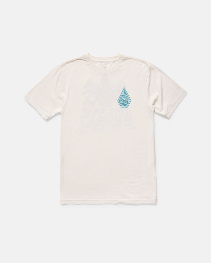 The Volcom Men's All Seeing Short Sleeve Tee in Off White Heather features a modern fit and a small blue diamond-shaped eye graphic on the left chest, shown laid flat on a white background.