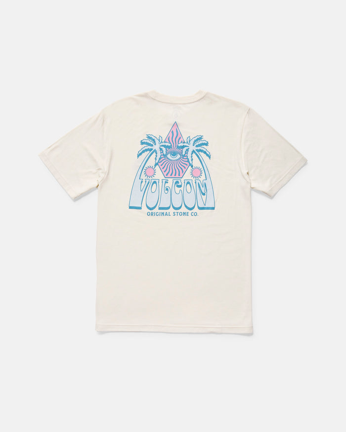 The Volcom Men's All Seeing Short Sleeve Tee features a modern fit and a back graphic with palm trees, sun, and blue and pink “VOLCOM ORIGINAL STONE CO.” text.