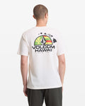 A man wears the Volcom Men's Allegiance Short Sleeve Tee, featuring a colorful Hawaii logo and Hawaiian Islands graphic on the back, against a plain white background.