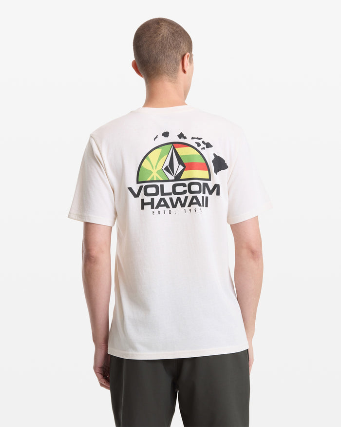 A man wears the Volcom Men's Allegiance Short Sleeve Tee, featuring a colorful Hawaii logo and Hawaiian Islands graphic on the back, against a plain white background.