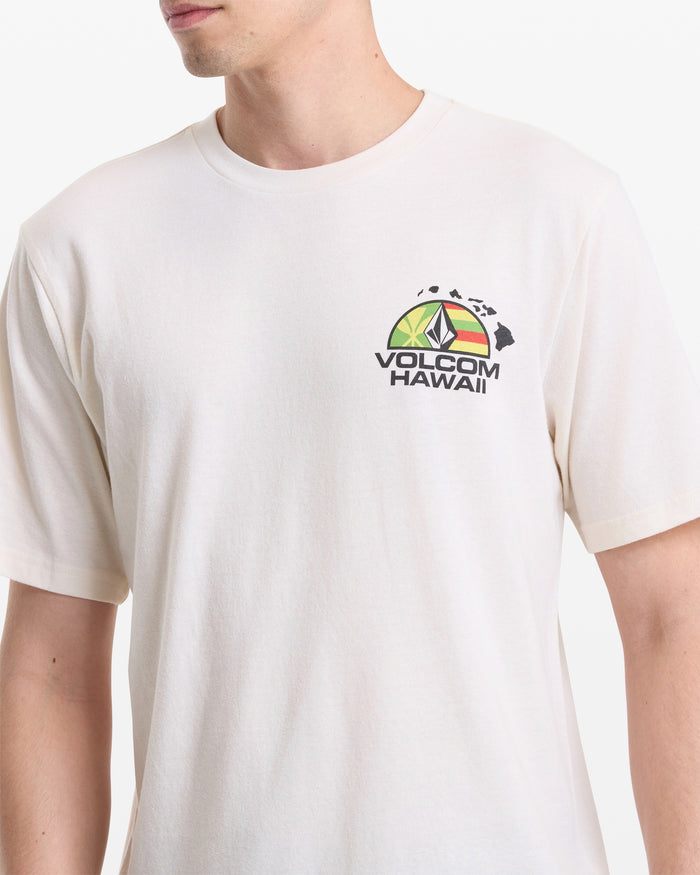 A person wears the Volcom Men's Allegiance Short Sleeve Tee in cream, featuring a small, colorful geometric Volcom Hawaii logo with birds on the left chest. The person's face is partially out of frame.