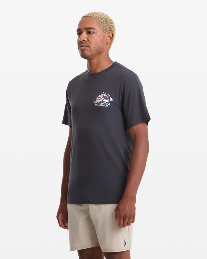 A man with short blond hair wears a dark gray Volcom Men's Allegiance Short Sleeve Tee, featuring a small chest graphic, and light beige shorts while standing against a plain white background.