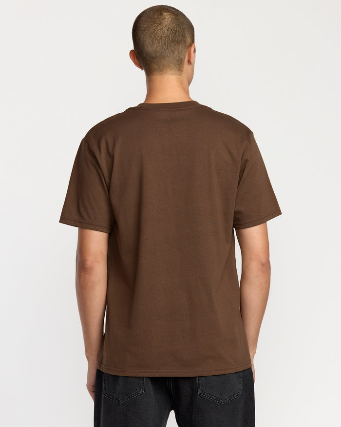 A person with short hair stands facing away from the camera, wearing a plain brown Men's Angle Iron Short Sleeve Tee by Volcom and black jeans against a plain white background.