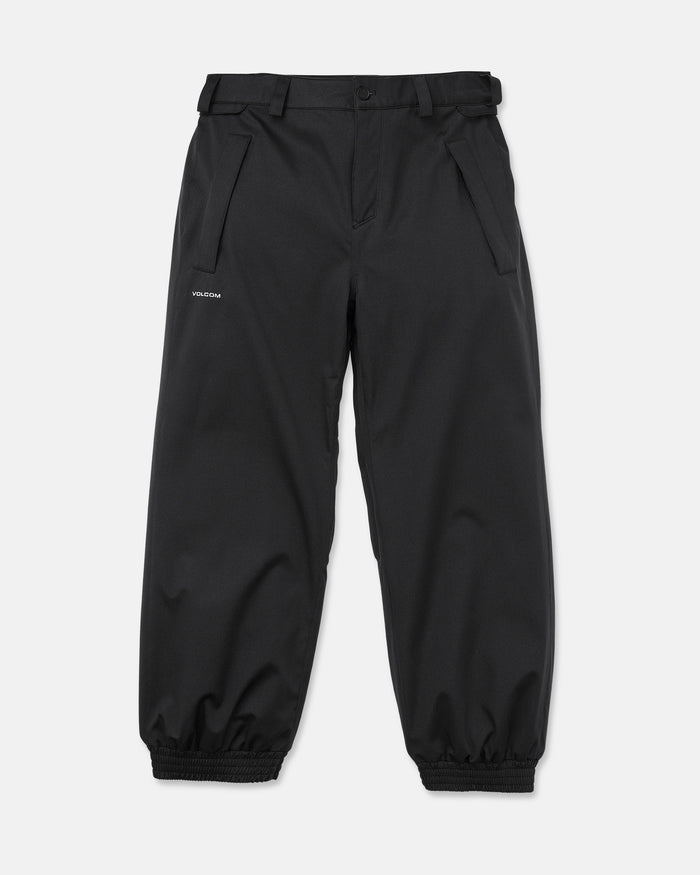 The Volcom Men’s Arthur 20K Pants, inspired by Arthur Longo, are crafted from recycled twill for both durability and comfort. These black snow pants feature side pockets, elastic cuffs at the ankles, belt loops, and a button waist. Displayed flat on a white background, they showcase the VOLCOM logo on the upper left thigh.