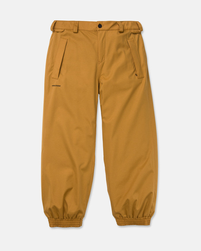 The Volcom Men’s Arthur 20K Pants feature a relaxed fit and are crafted from V-Science 2-Layer recycled twill. These brown pants include a zipper and button closure, belt loops, side pockets, and elasticized ankle cuffs. Inspired by the Arthur Longo 20K Pant design, they are shown flat on a white background.