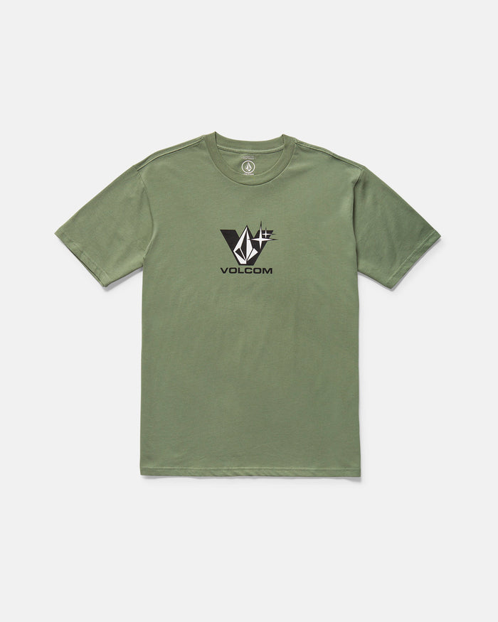 The Volcom Men's Be Kind Rewind Short Sleeve Tee in olive green features a black and white geometric Volcom logo with VOLCOM text on the front, made from soft organic cotton. Classic fit for daily comfort, shown on a plain white background.