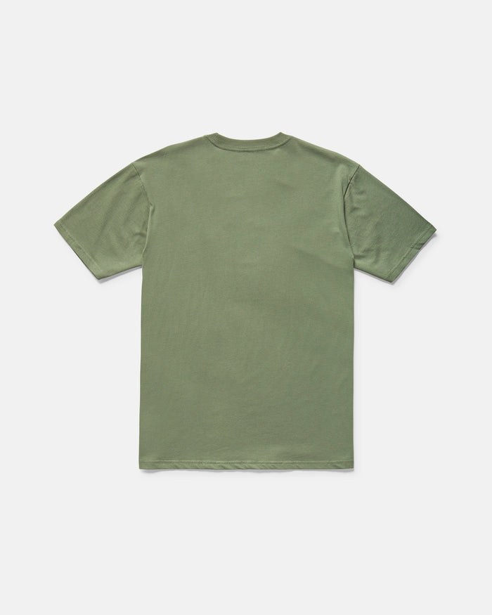 The Volcom Men's Be Kind Rewind Short Sleeve Tee in plain olive green is laid flat, back side up, with no visible logos or designs. This classic fit tee is made from soft organic cotton for everyday comfort.