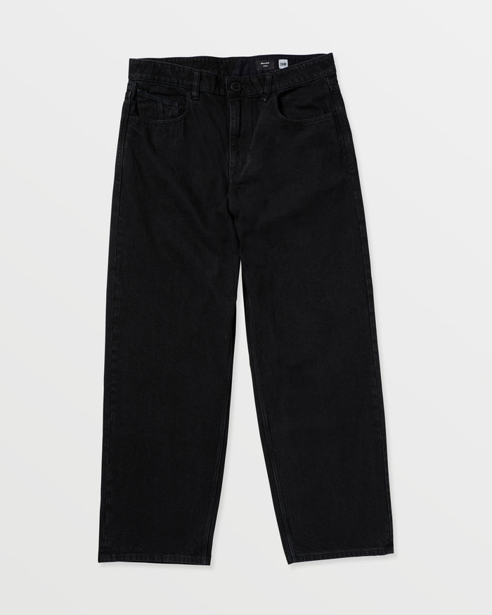 Men's Billow Denim by Volcom, made from high-ridge twill denim with a relaxed fit, five pockets, and button closure, shown flat on a white background.