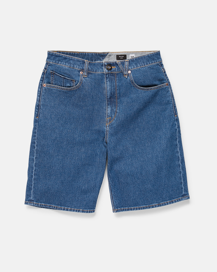 The Men's Billow Denim Short 22 by Volcom is shown laid flat on a white background, featuring a button and zipper closure, front and back pockets, and visible stitching.