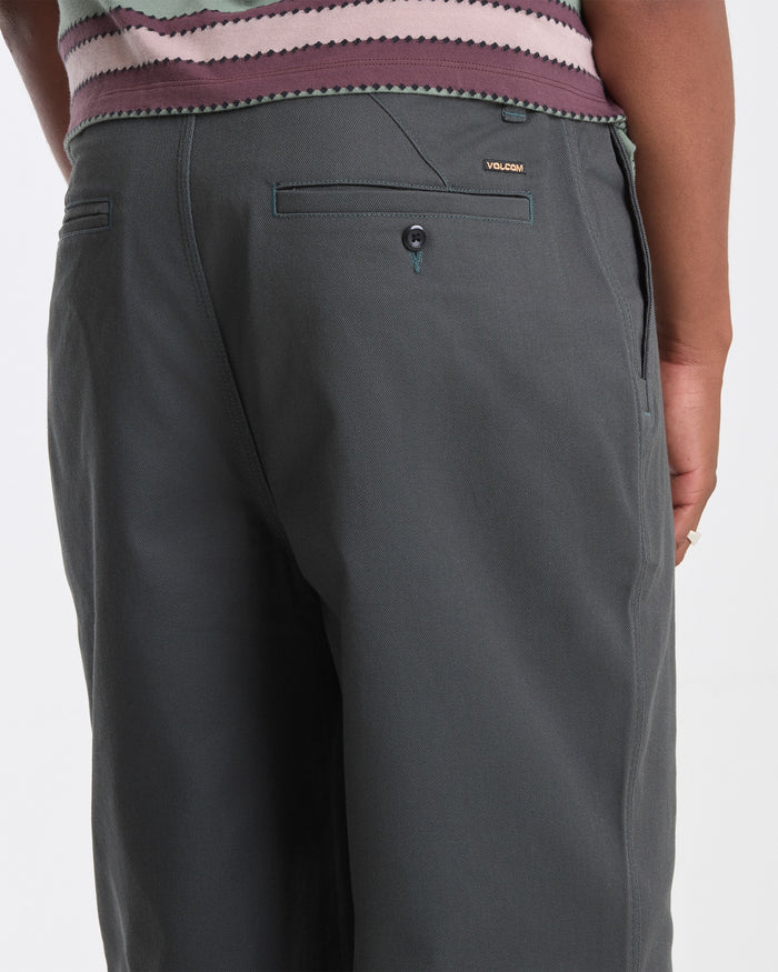 A person wearing Volcom Men's Billow Pants in dark gray stands with their back to the camera, revealing the back pocket, part of their hand, and the waistband of a patterned shirt.