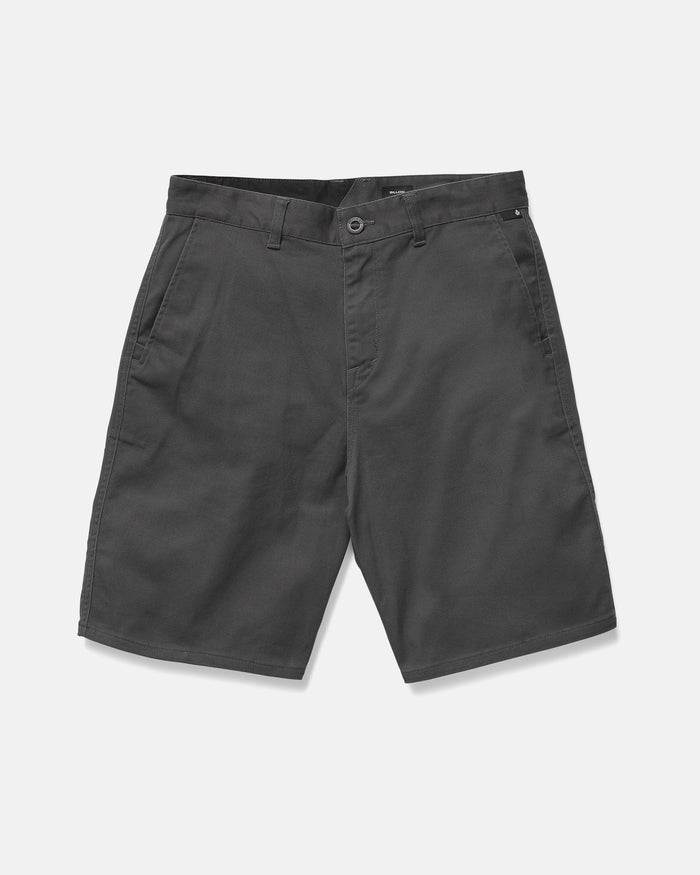 Volcom Men's Billow Shorts in castlerock twill, dark gray knee-length with side pockets, belt loops, and button closure, shown laid flat on a white background.
