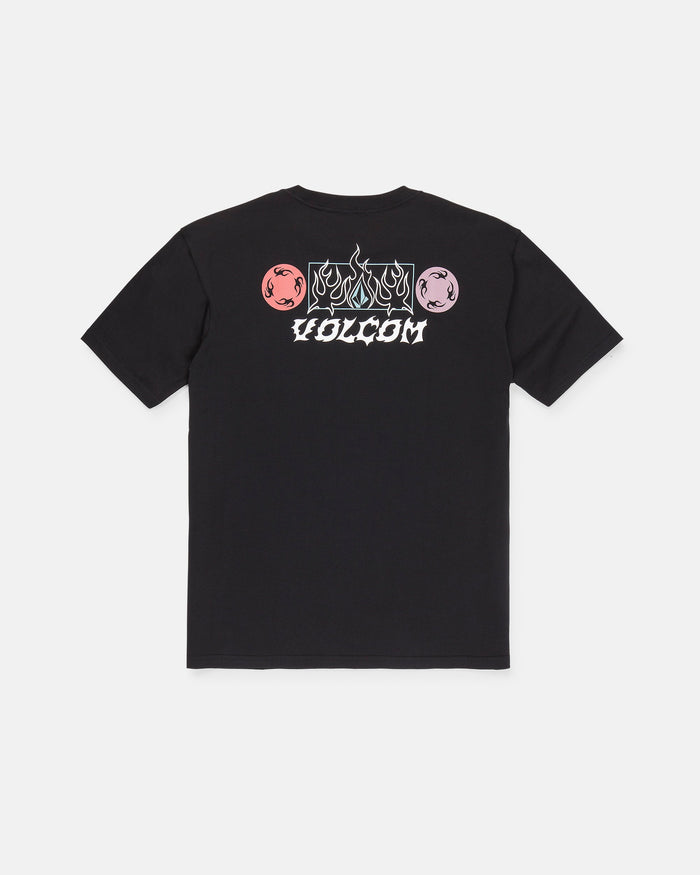 Introducing the Men's Blaster Short Sleeve Tee by Volcom—a black heavyweight cotton t-shirt designed for lasting comfort with a relaxed, loose fit ideal for everyday wear. Featuring bold white "VOLCOM" text and abstract graphics on the back, it’s flanked by striking red and pink illustrated orbs for a unique, standout look.