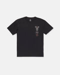 The Volcom Men's Blaster Short Sleeve Tee is a black, loose-fit t-shirt made from premium ringspun heavyweight cotton, featuring a small abstract graphic with red accents on the left chest and displayed against a white background.
