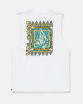 The Volcom Men's Bodie Sleeveless is a white crew neck shirt with a colorful geometric design, featuring “VOLCOM” in orange on the back and a stylized diamond in teal, purple, and yellow. Soft-hand screen print adds extra comfort.