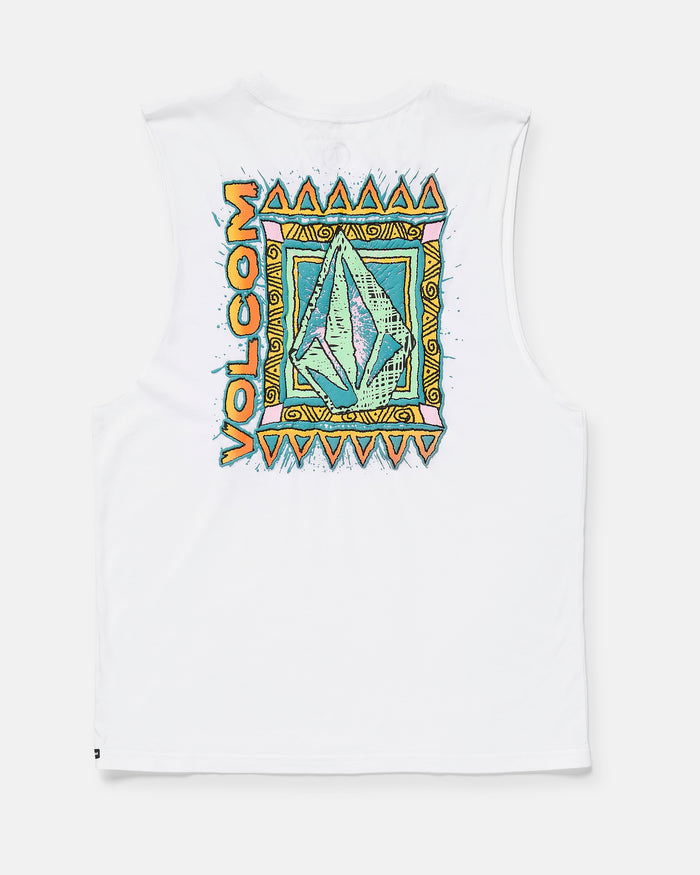 The Volcom Men's Bodie Sleeveless is a white crew neck shirt with a colorful geometric design, featuring “VOLCOM” in orange on the back and a stylized diamond in teal, purple, and yellow. Soft-hand screen print adds extra comfort.