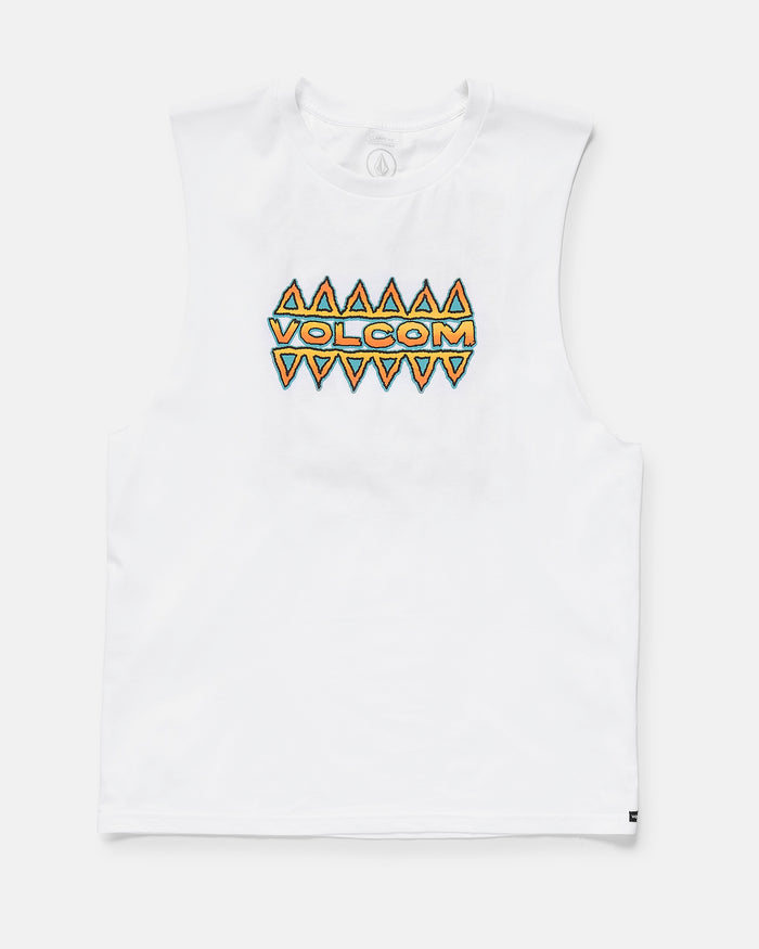 White sleeveless shirt with Volcom logo on a white background