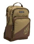 The Volcom Men's Boundary Backpack in brown and tan features multiple zippered compartments, a top handle, and a spacious front pocket with the Volcom logo. Designed for durability, this backpack includes a convenient laptop compartment, making it ideal for everyday use or travel.
