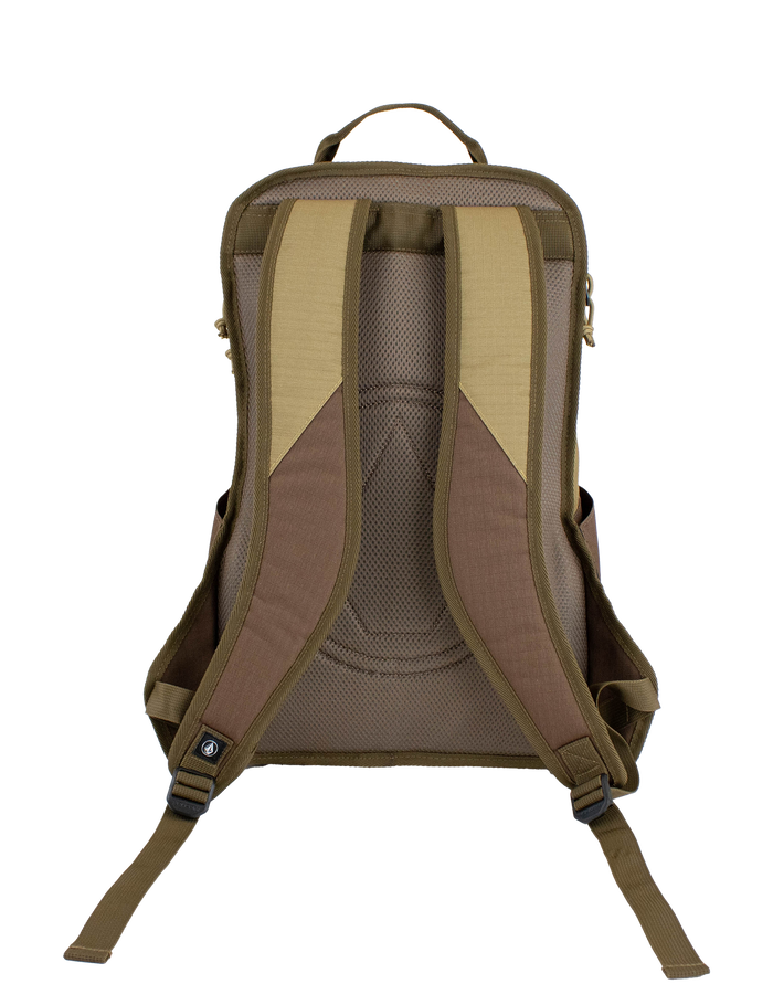 A Volcom Men's Boundary Backpack in brown and tan is displayed from the back against a white background, highlighting its padded shoulder straps, mesh padding, and top carrying handle. This durable backpack also includes a convenient laptop compartment to keep your devices secure while you're on the move.