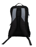 The Volcom Men's Boundary Backpack is displayed from the back against a plain white background, emphasizing its padded shoulder straps and top handle in black and gray tones.