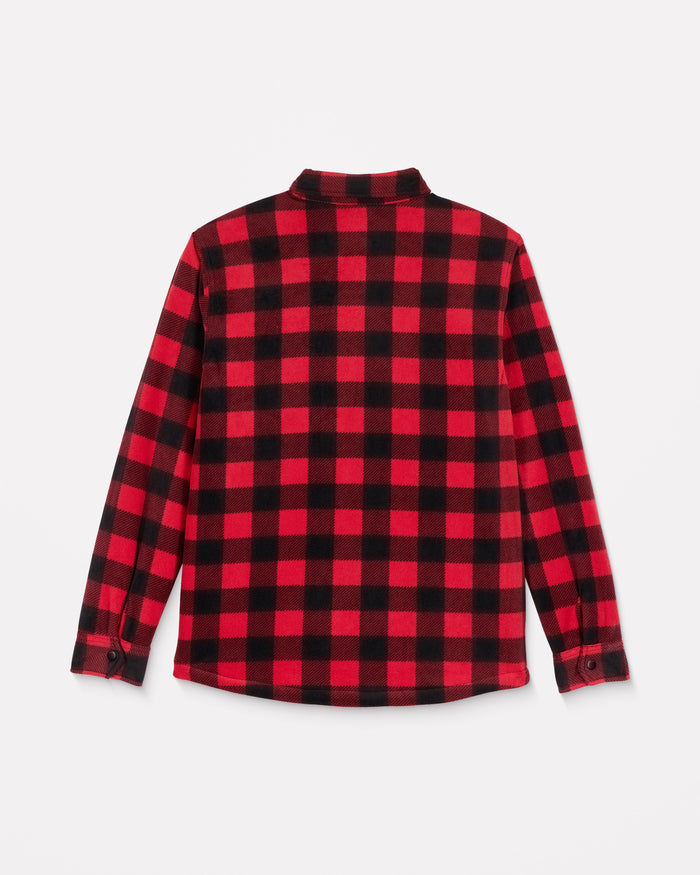 The Volcom Men's Bowered Fleece Long Sleeve shirt features a red and black buffalo check plaid pattern, displayed from the back against a plain white background.