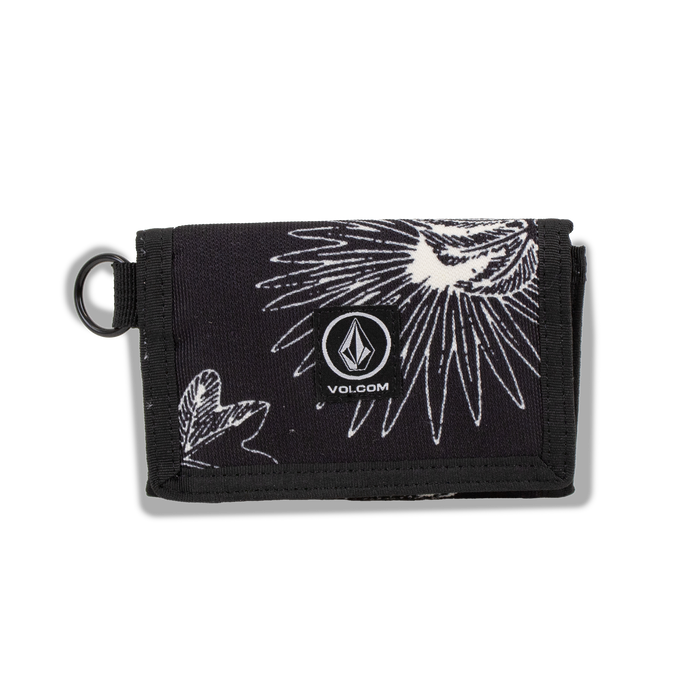 Men's Box Stone Wallet by Volcom in black fabric with white abstract floral patterns, showcasing multiple card slots, a central Volcom logo patch, and a metal key ring on the left side, displayed against a plain white background.