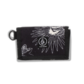 Men's Box Stone Wallet by Volcom in black fabric with white abstract floral patterns, showcasing multiple card slots, a central Volcom logo patch, and a metal key ring on the left side, displayed against a plain white background.
