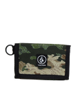 Discover the Men's Box Stone Wallet by Volcom—a compact, rectangular wallet made from durable cotton canvas. Showcasing an eye-catching green camouflage pattern with black trim and a convenient side ring, the front features a centrally placed black Volcom Stone Wallet logo patch for an iconic finish.