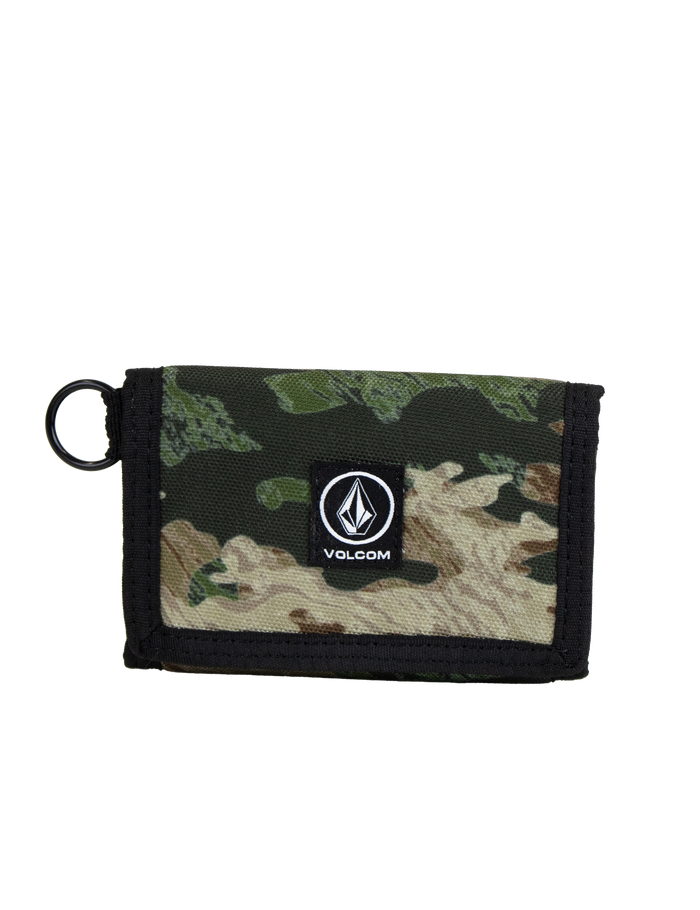 Discover the Men's Box Stone Wallet by Volcom—a compact, rectangular wallet made from durable cotton canvas. Showcasing an eye-catching green camouflage pattern with black trim and a convenient side ring, the front features a centrally placed black Volcom Stone Wallet logo patch for an iconic finish.