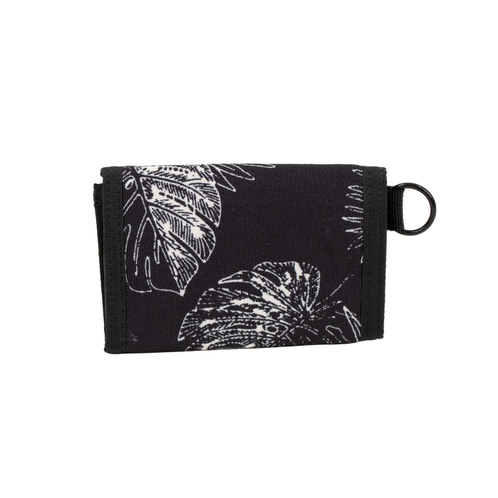 The Men's Box Stone Wallet by Volcom is a black fabric wallet adorned with white leaf patterns, black trim, and a metal keyring on the right side. It features convenient card slots for your essentials and is displayed against a plain white background.