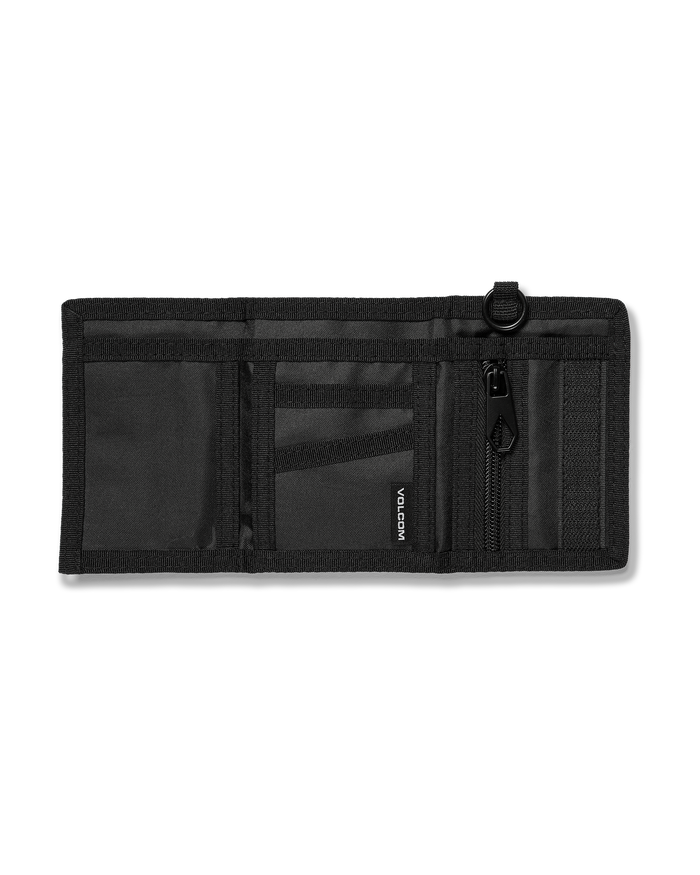 The Volcom Men's Box Stone Wallet, a black tri-fold made of durable cotton canvas, is open on a light gray background, displaying multiple card slots, a mesh ID window, zipper pocket, and small fabric brand tag.
