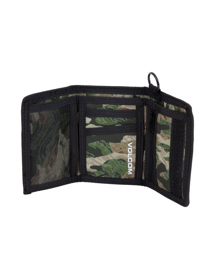 The Men's Box Stone Wallet by Volcom is a trifold camouflage wallet featuring black trim and mesh pockets, made from durable cotton canvas. “VOLCOM” is printed in white on one panel. Shown open and empty, this stone wallet is displayed against a plain white background.