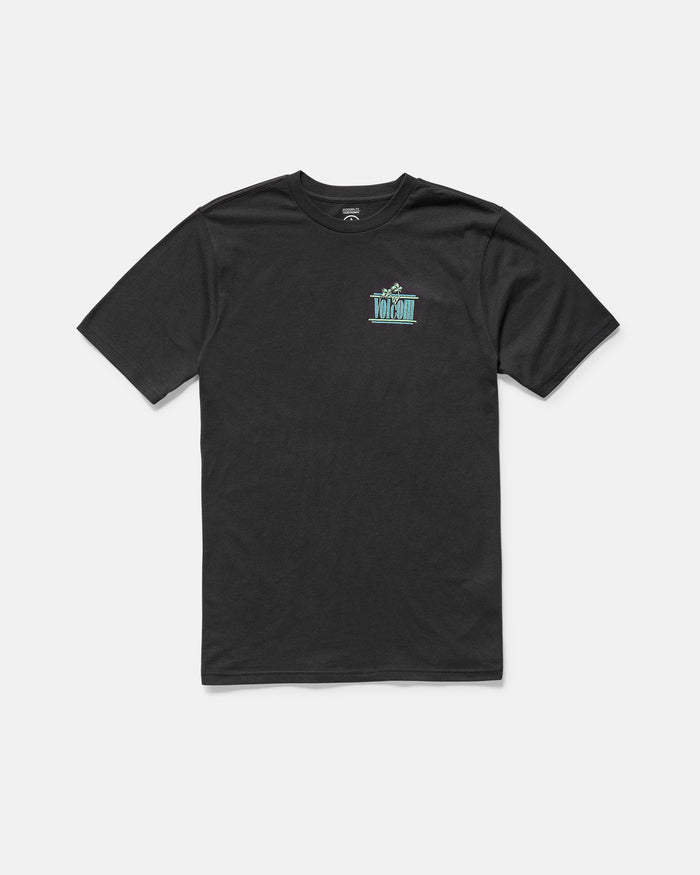 The Volcom Men's Breathe Deep Short Sleeve Tee is a plain black, modern-fit shirt with a small teal and white graphic logo on the left chest, shown on a white background.