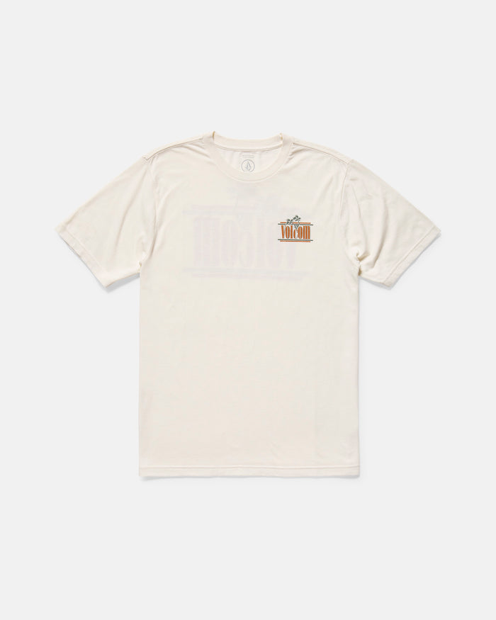 The Volcom Men's Breathe Deep Short Sleeve Tee is cream-colored with a small, colorful logo on the left chest. It features a modern fit and is displayed flat against a white background.