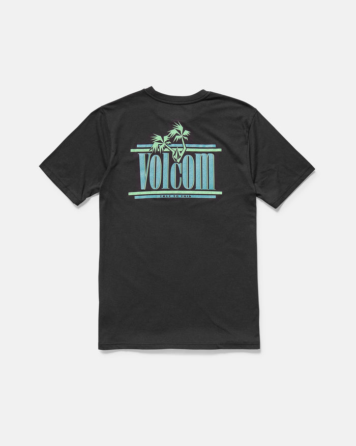 The Volcom Men's Breathe Deep Short Sleeve Tee features a modern fit and a large back logo accented with turquoise and light green palm trees and lines, offering a tropical, surf-inspired style.