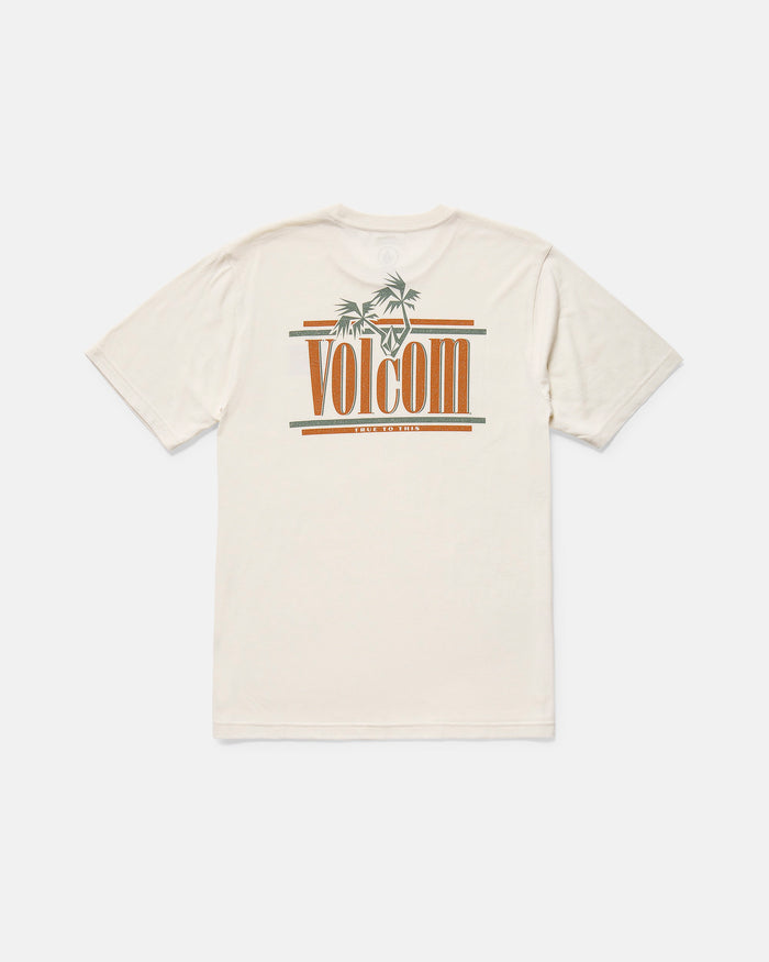 Back view of a white Volcom Men's Breathe Deep Short Sleeve Tee featuring an orange and green palm tree graphic with the Volcom logo and "STREETLIFE" in small text underneath.