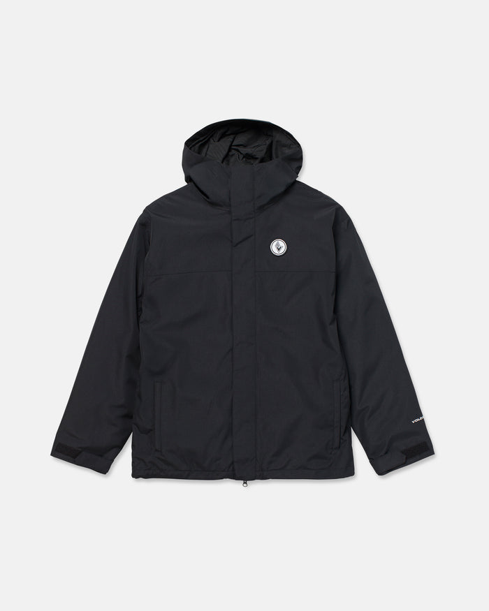 The Men’s Buckthreeeighty Insulated Jacket by Volcom is a black hooded jacket made from recycled fabric, featuring a front zipper, side pockets, and a round logo patch on the left chest. Offering 10K waterproof protection, this insulated jacket is displayed on a plain white background.