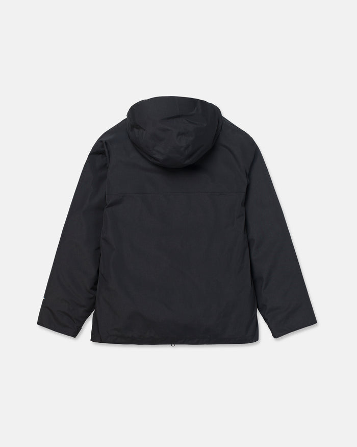 The Volcom Men’s Buckthreeeighty Insulated Jacket in black is laid flat with the back facing up, highlighting its long sleeves and clean, minimalist back against a white background. Crafted from recycled fabric and offering 10K waterproof protection, this jacket blends sustainability with functional performance.
