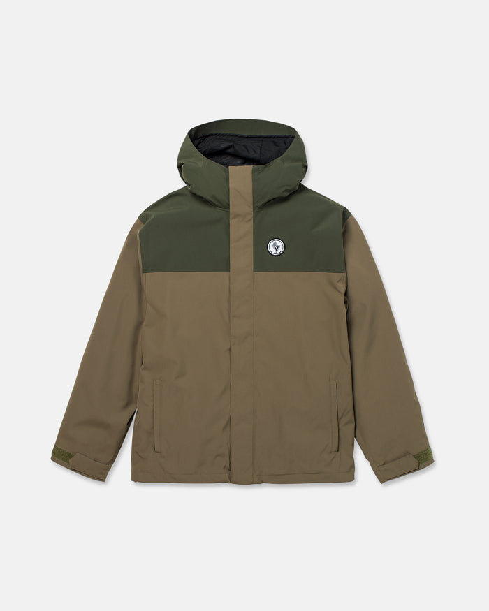 Introducing the Volcom Men’s Buckthreeeighty Jacket: a khaki and dark green winter coat featuring a hood, front zipper, two side pockets, and a round logo patch on the left chest. Designed with a dark upper section and lighter brown lower section in a relaxed, baggy fit for enhanced comfort. Engineered with PFAS-free DWR technology for superior water resistance, this jacket offers sustainable warmth and style throughout the colder months.