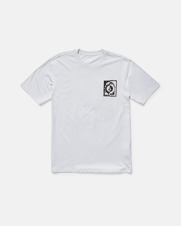 The Volcom Men's Burner Short Sleeve Tee is a classic fit, organic cotton white tee with a soft-hand screen printed black-and-white flame patch on the left chest, offering timeless comfort and style.
