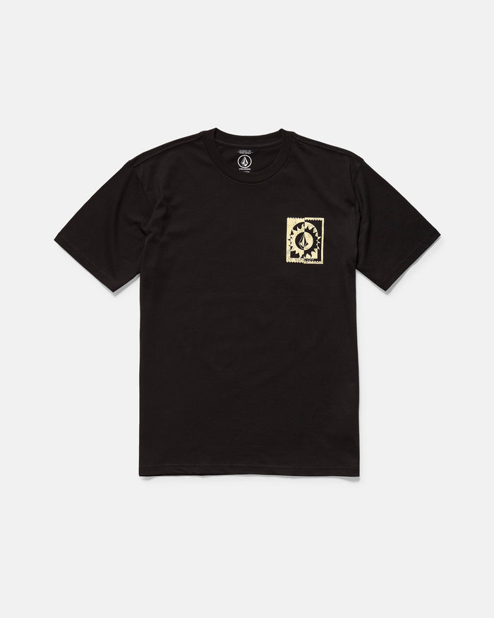 The Volcom Men's Burner Short Sleeve Tee is a classic fit black organic cotton t-shirt with a small rectangular beige graphic featuring a black spade on the left chest, shown flat on a white background.